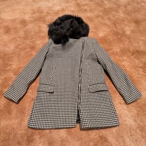 Mona - Black Checkered Winter Jacket With Fur Hood - Size M Wool Blend